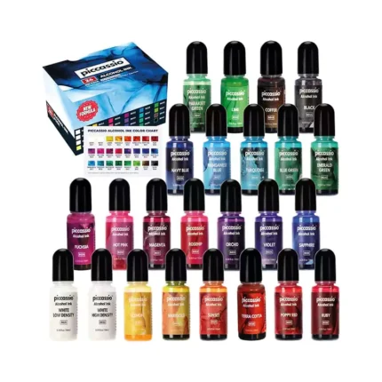Alcohol Ink Set – New Improved Formula – 24 Highly Saturated Alcohol Inks – Fast-Drying and Permanent Inks – Versatile Alcohol Ink for Epoxy Resin, Tumblers, Fluid Art Painting, Glass, Metal etc